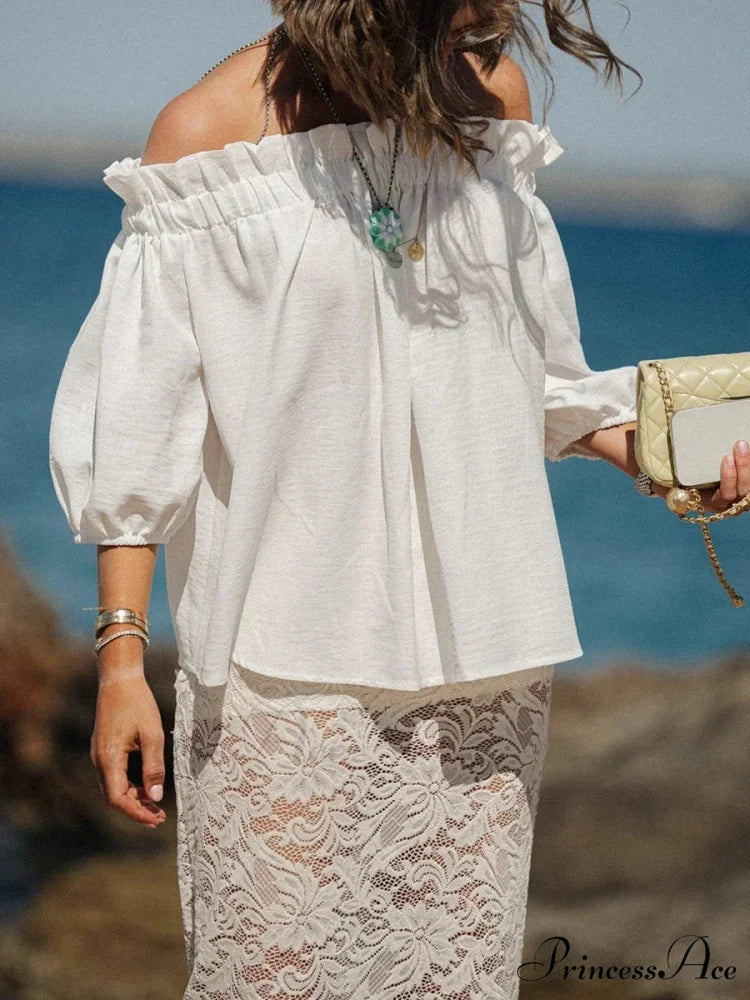 Frilled Off-Shoulder Monochrome Style Blouse white / S blouse-250126