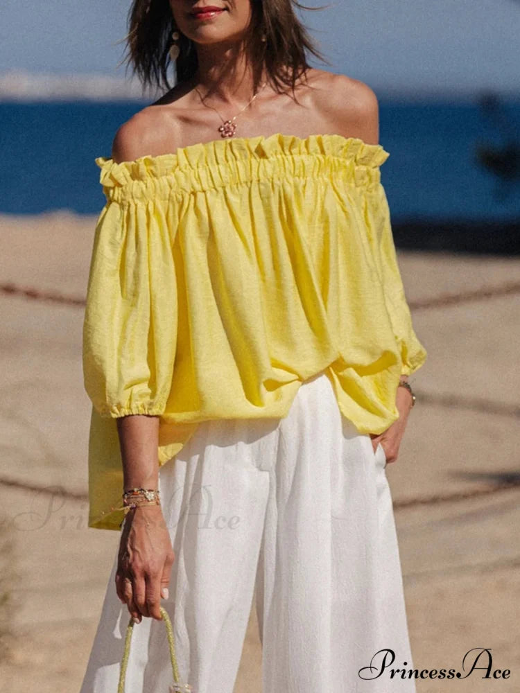 Frilled Off-Shoulder Monochrome Style Blouse yellow / S blouse-250126