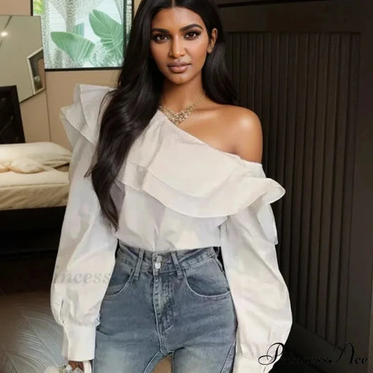Frilled Off Shoulder Trim Fit Informal Extended Sleeve Blouse blouse-250126