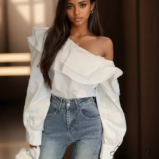 Frilled Off Shoulder Trim Fit Informal Extended Sleeve Blouse WHITE / M blouse-250126