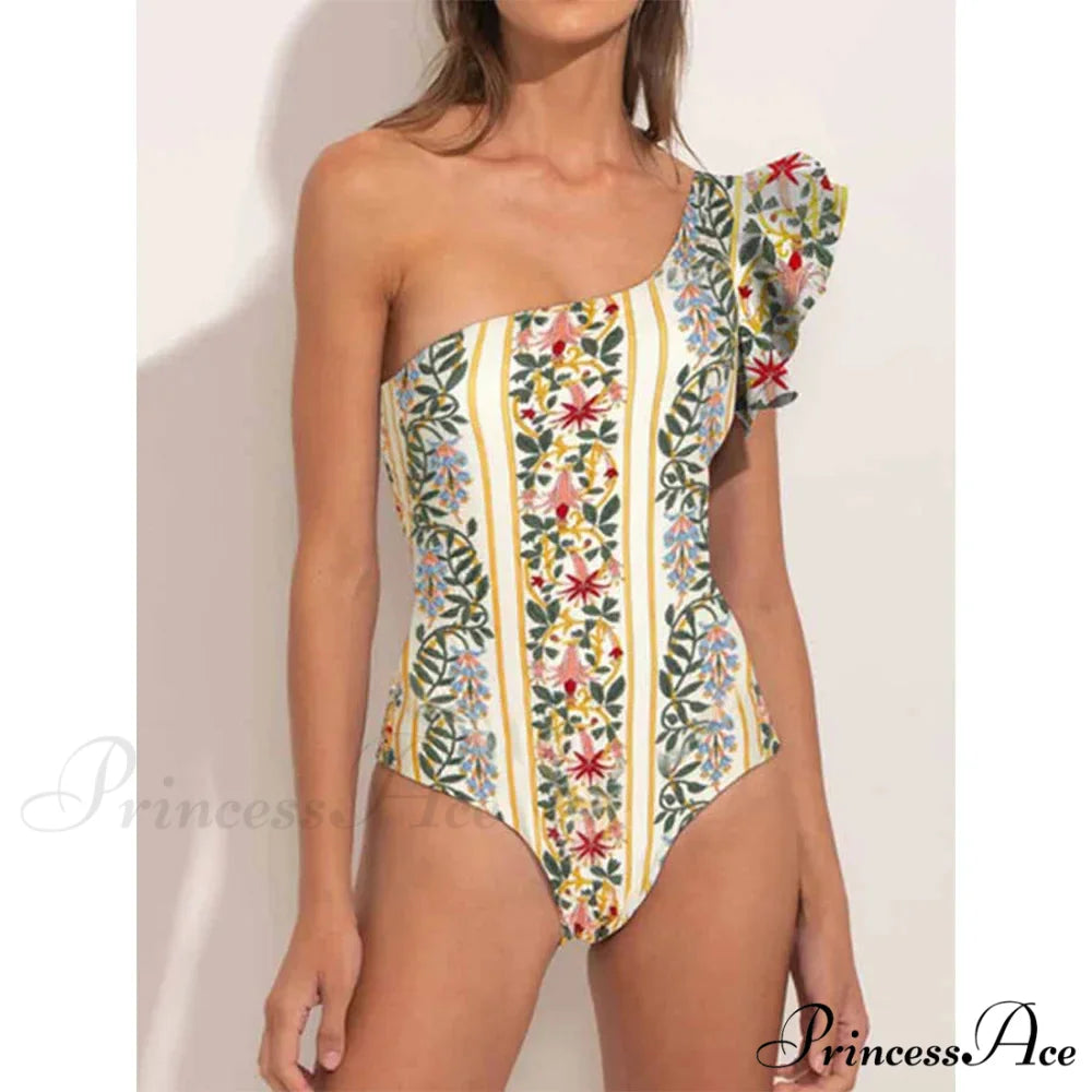 Frilled Printed Uneven Swimsuit One Piece onepiece-250223