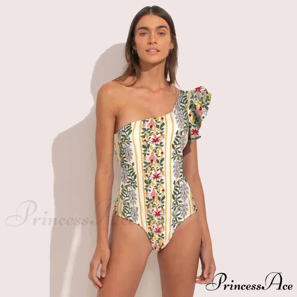 Frilled Printed Uneven Swimsuit One Piece onepiece-250223
