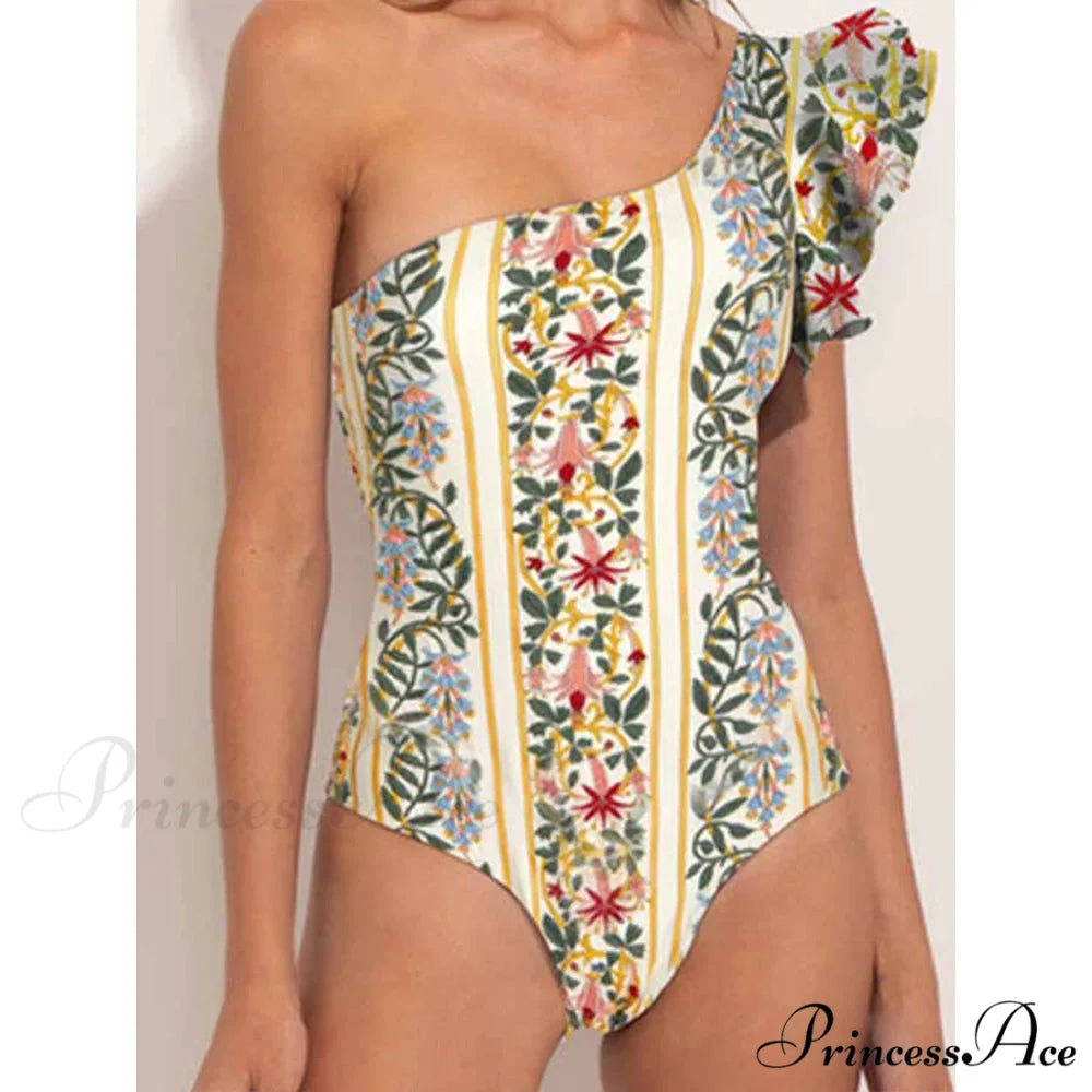 Frilled Printed Uneven Swimsuit One Piece onepiece-250223