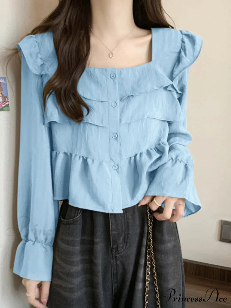 Frilled Quadrilateral Neck Flare Sleeve Top Blue / S blouse-250126