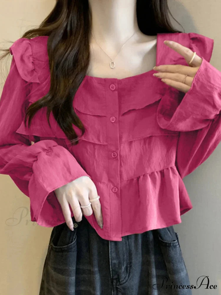 Frilled Quadrilateral Neck Flare Sleeve Top Dark Pink / S blouse-250126