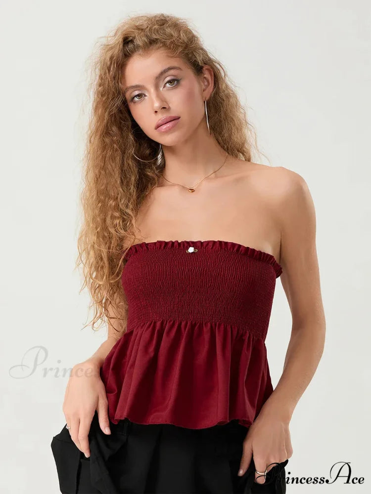 Frilled Strapless Shirred Flowing Hem Bodydoll Tube Top croptop-250126