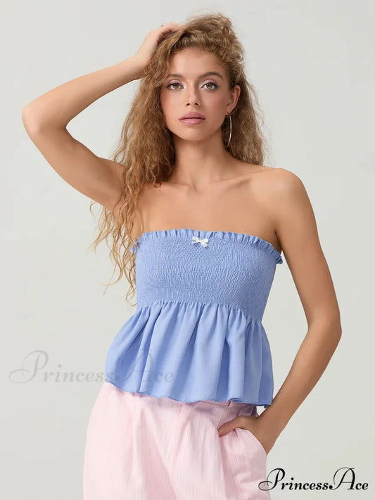 Frilled Strapless Shirred Flowing Hem Bodydoll Tube Top croptop-250126