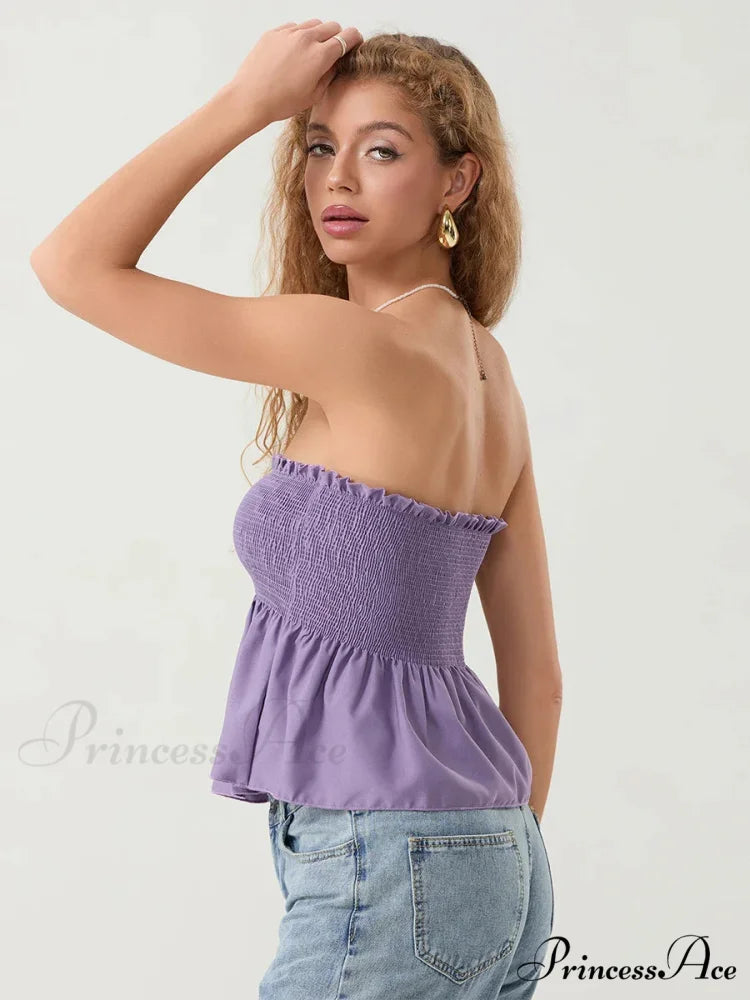 Frilled Strapless Shirred Flowing Hem Bodydoll Tube Top croptop-250126