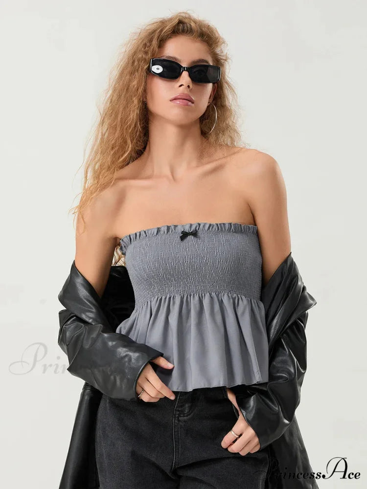 Frilled Strapless Shirred Flowing Hem Bodydoll Tube Top croptop-250126