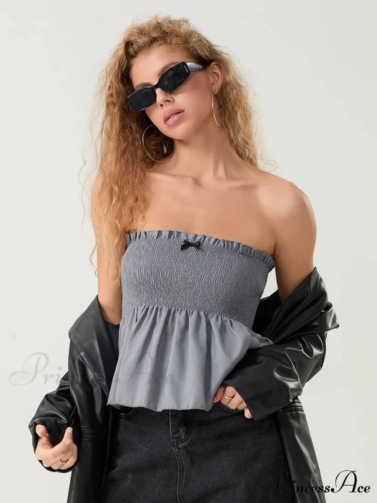 Frilled Strapless Shirred Flowing Hem Bodydoll Tube Top GRAY / S croptop-250126