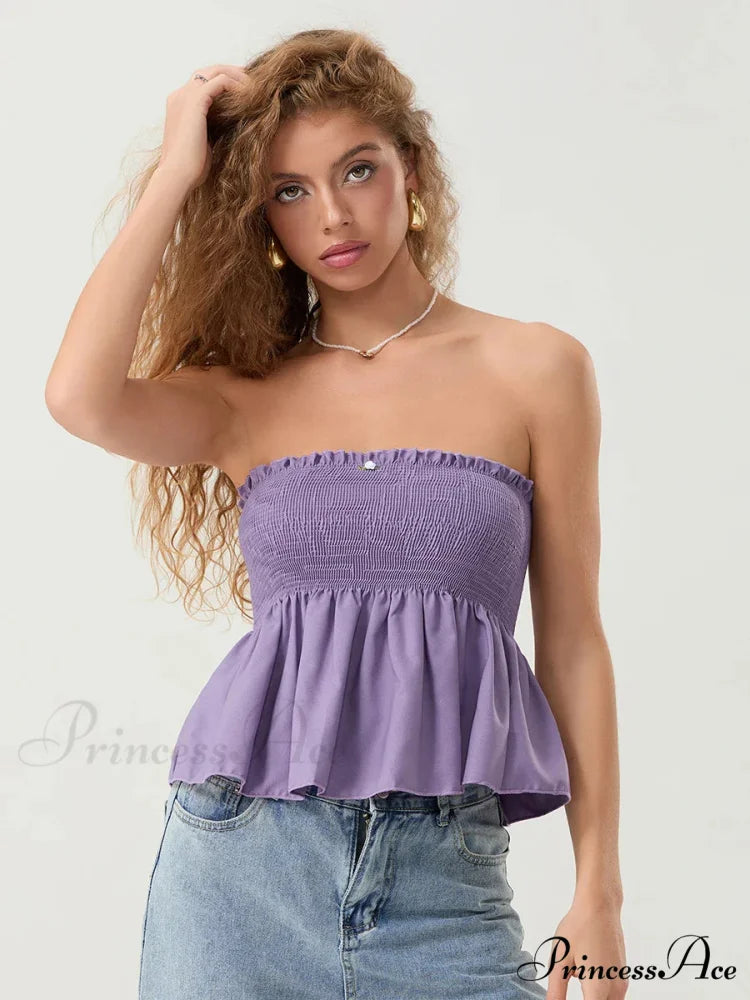 Frilled Strapless Shirred Flowing Hem Bodydoll Tube Top PURPLE / S croptop-250126
