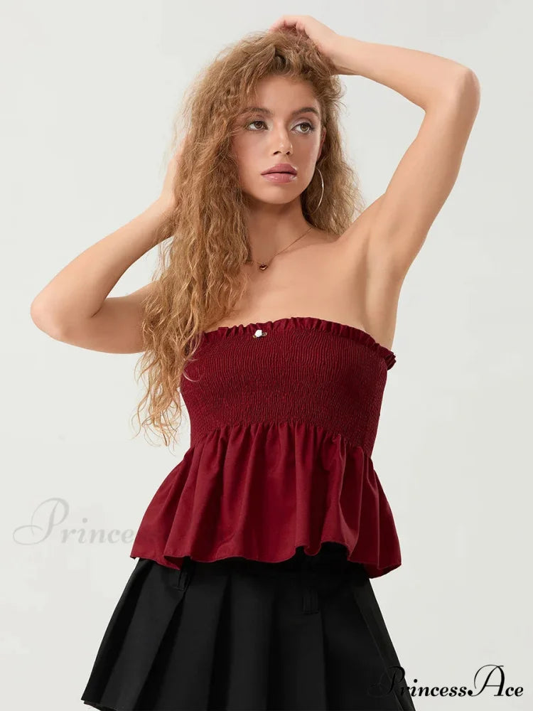 Frilled Strapless Shirred Flowing Hem Bodydoll Tube Top Red / S croptop-250126
