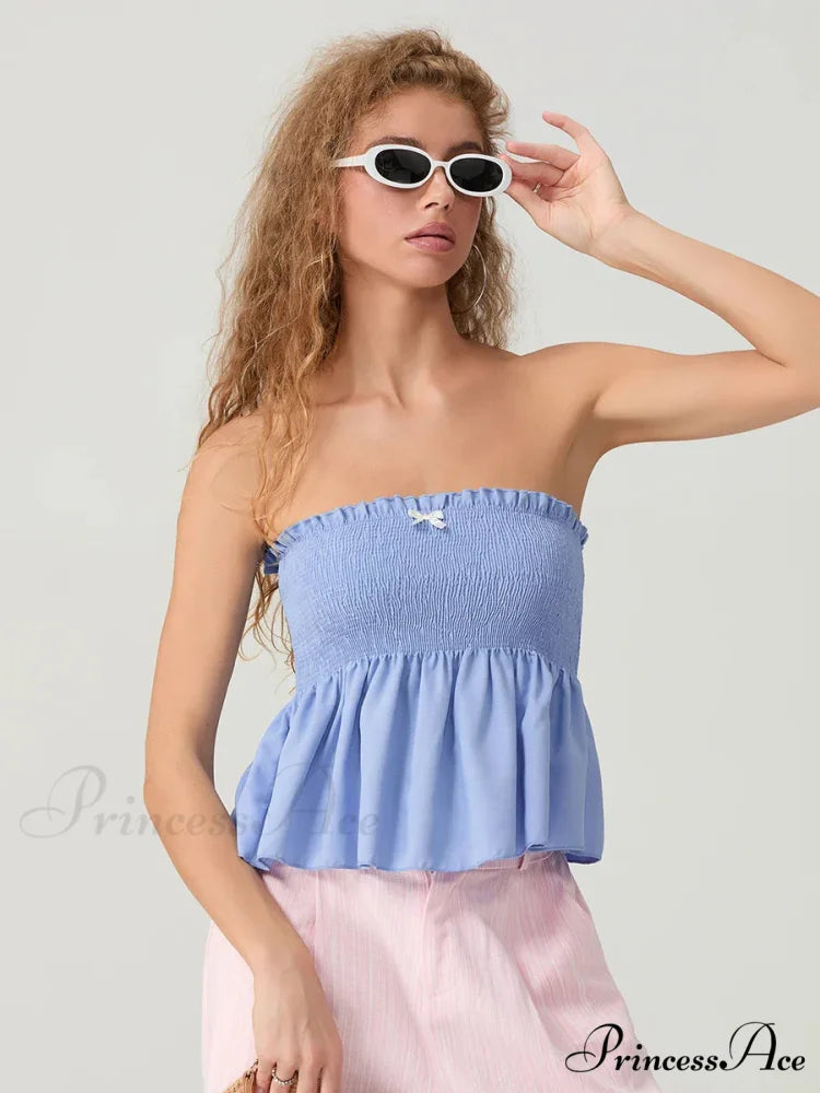 Frilled Strapless Shirred Flowing Hem Bodydoll Tube Top SKY BLUE / S croptop-250126