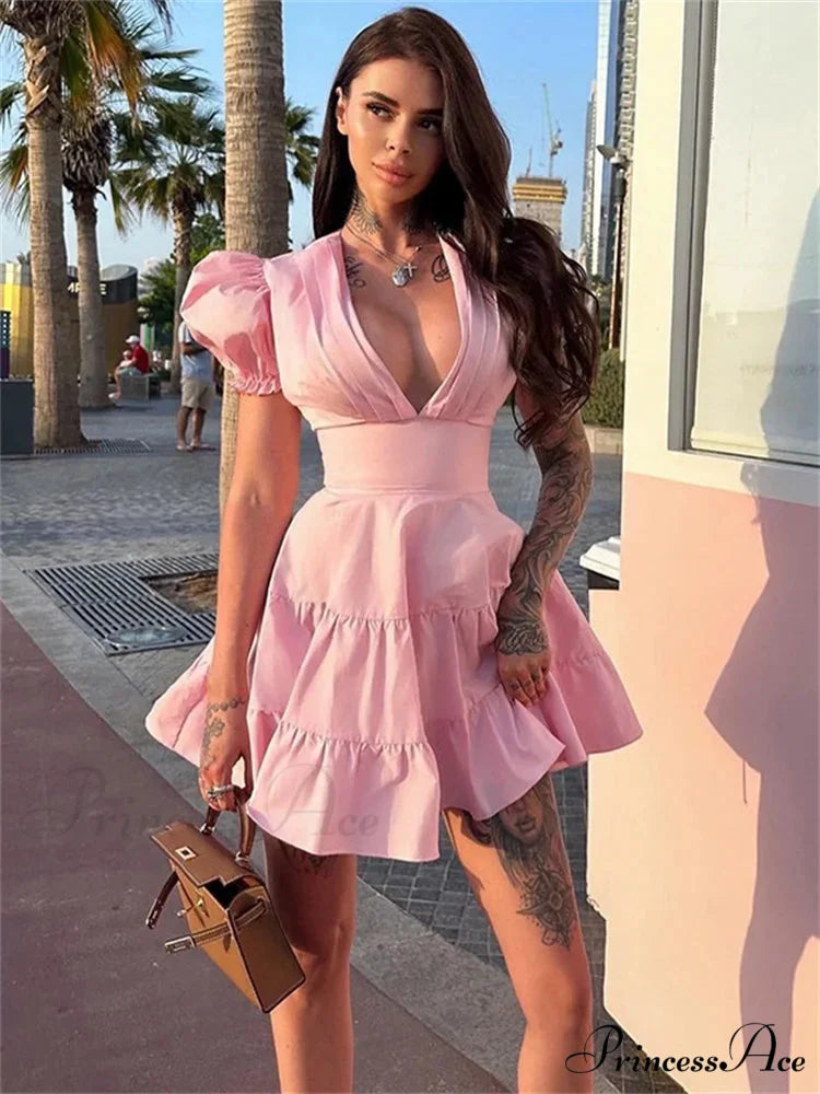 Frilled Tied-Up Sleek Mini Dress Pink / S minidress-250223