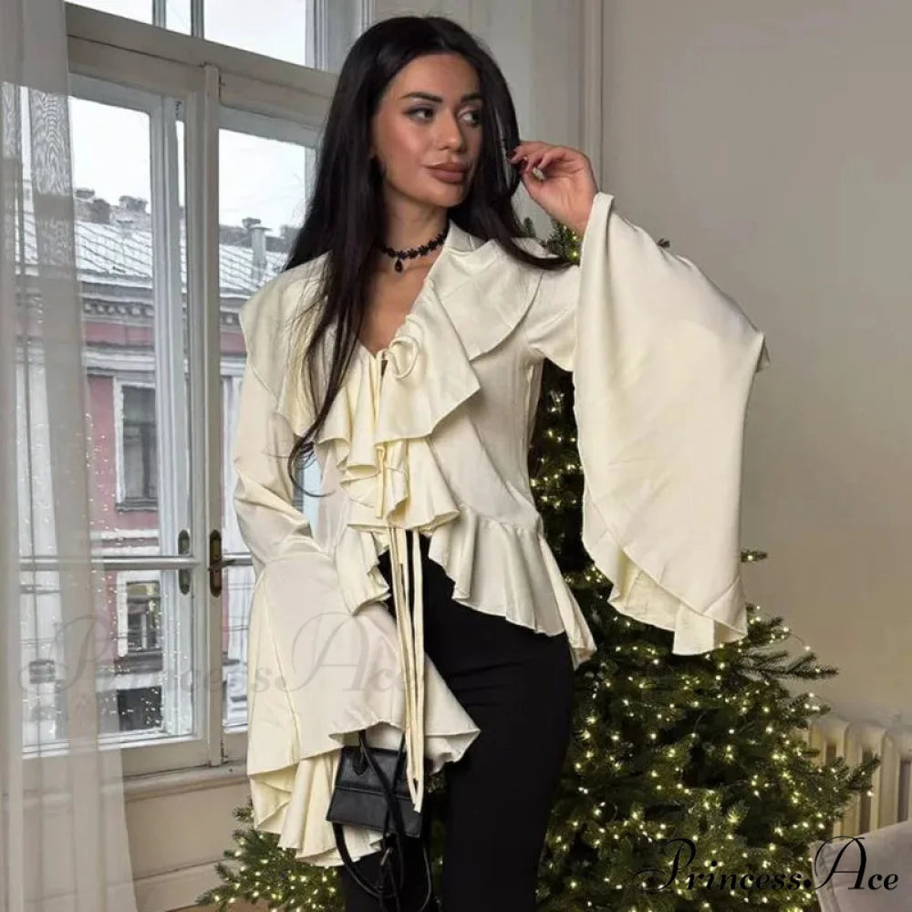 Frilled Tied-Up V-neck Blouse blouse-250223