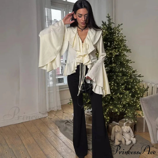 Frilled Tied-Up V-neck Blouse blouse-250223