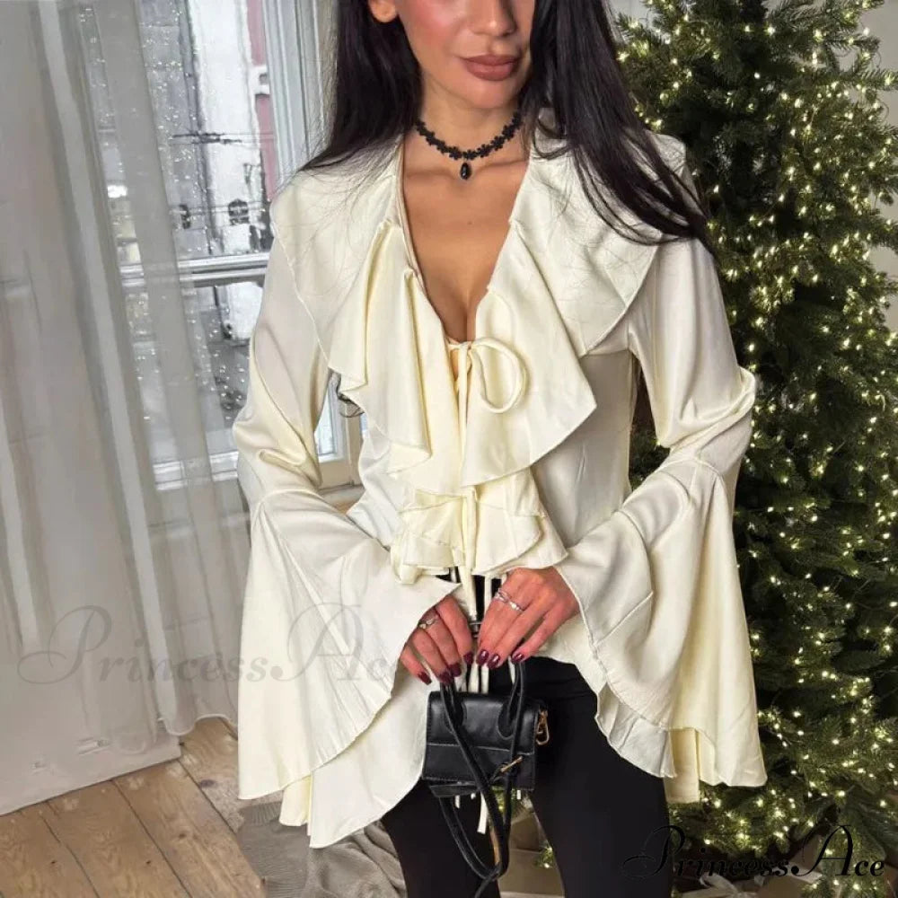 Frilled Tied-Up V-neck Informal Long Sleeve Blouse WHITE / S blouse-250126