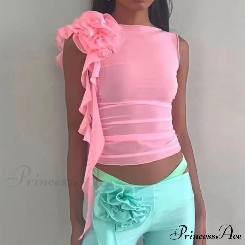 Frills Blossom Net Transparent Stylish Sophisticated Clear Slim Crop Top Pink / S croptop-250126