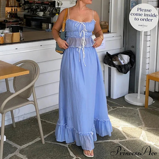 Frills Fasten-Up Crop Top A-line Maxi Skirt Two Pieces Set Blue / S twopiecesset-250126