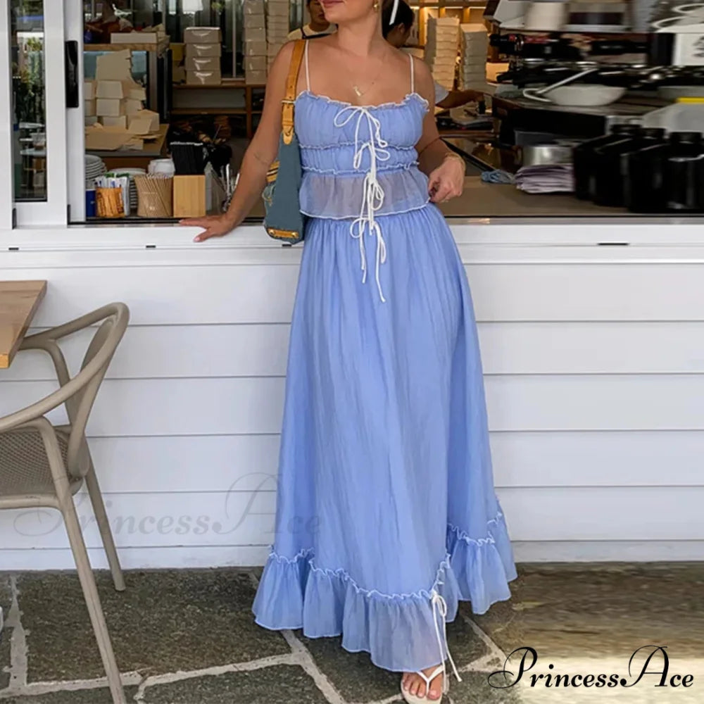 Frills Fasten-Up Crop Top A-line Maxi Skirt Two Pieces Set twopiecesset-250126