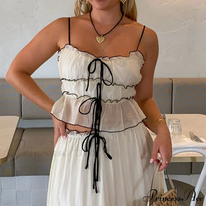 Frills Fasten-Up Crop Top A-line Maxi Skirt Two Pieces Set twopiecesset-250126