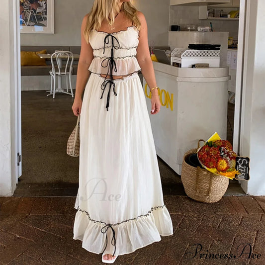 Frills Fasten-Up Crop Top A-line Maxi Skirt Two Pieces Set WHITE / S twopiecesset-250126