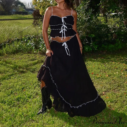 Frills Fasten-Up Front Camisole Crop Top Maxi Skirt Two Pieces Set twopiecesset-250126