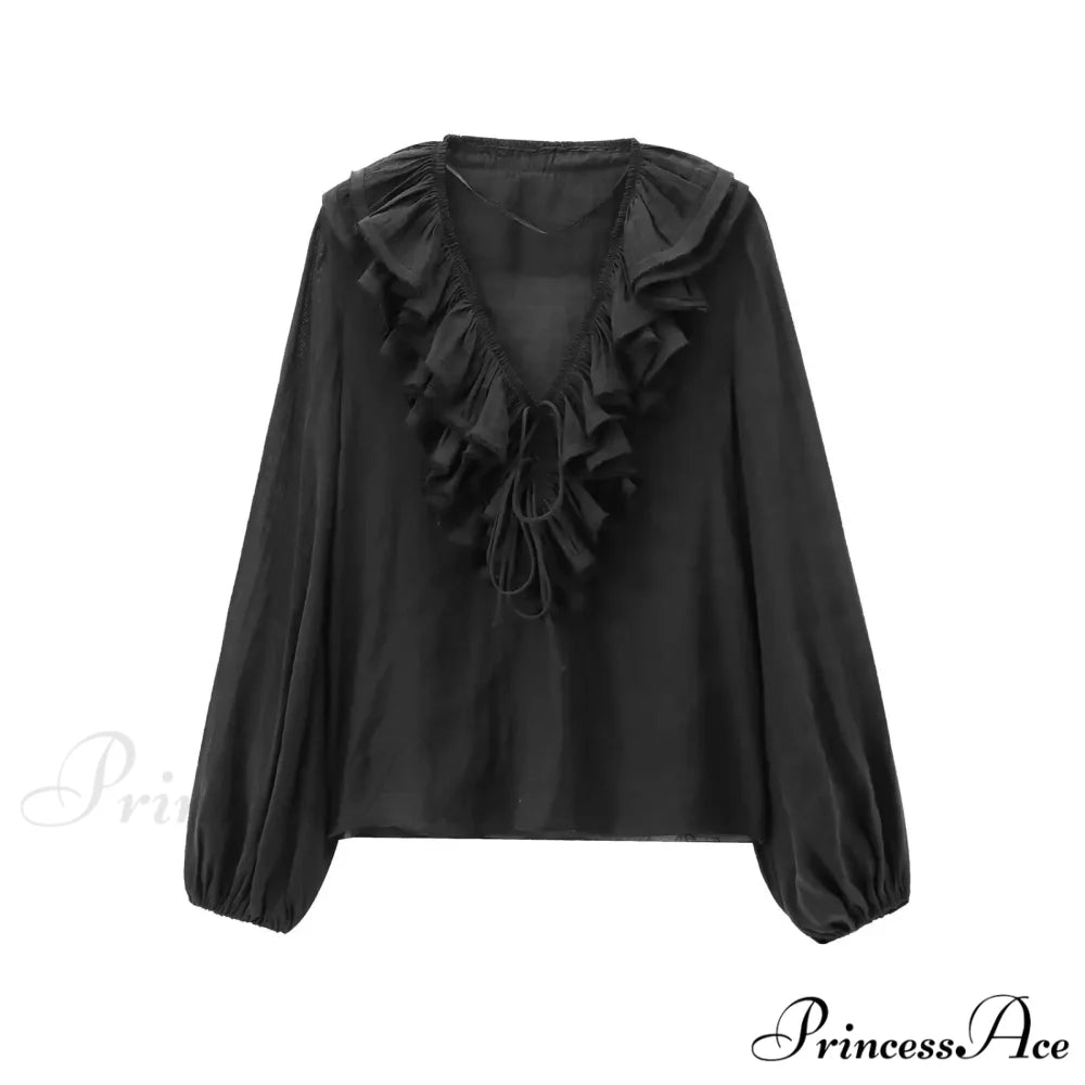 Frills Profound Plunge Lace-Up Baggy Boho Blouse Black / XS bohoblouse-250126
