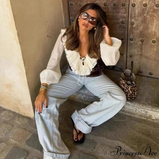 Frills Profound Plunge Lace-Up Baggy Boho Blouse bohoblouse-250126