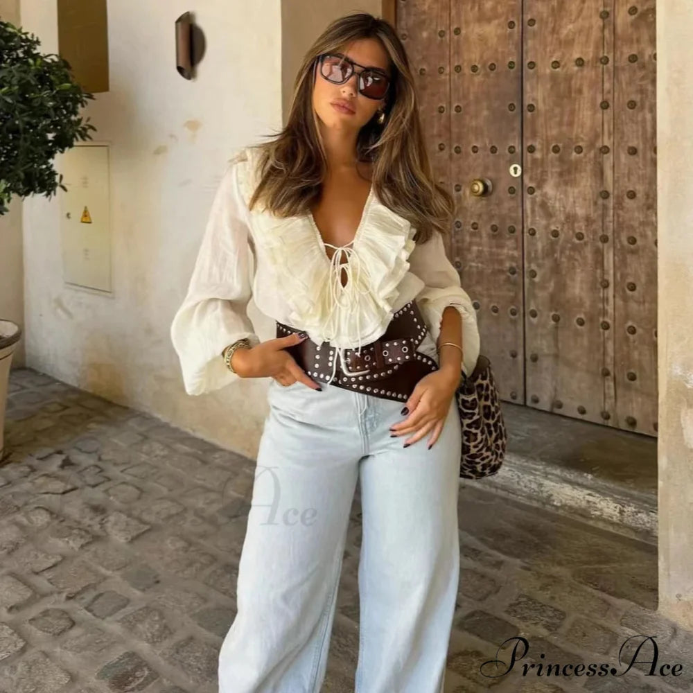 Frills Profound Plunge Lace-Up Baggy Boho Blouse bohoblouse-250126