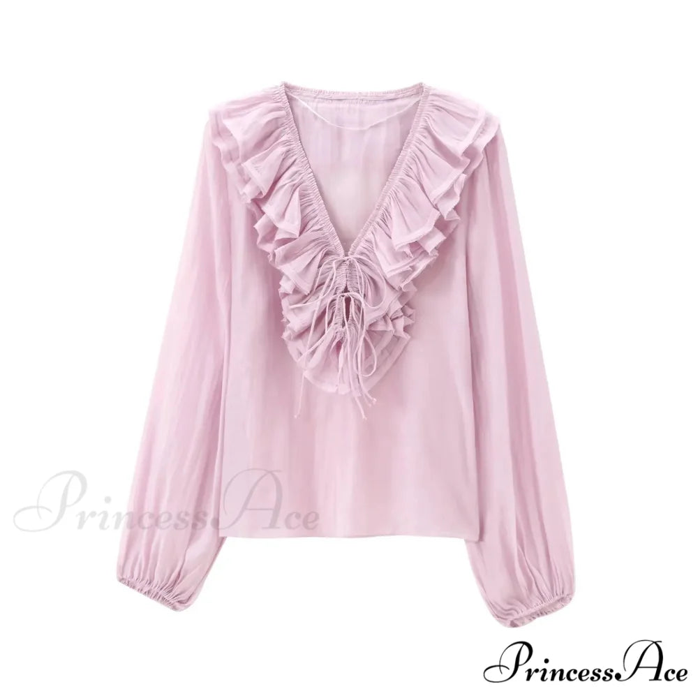 Frills Profound Plunge Lace-Up Baggy Boho Blouse Pink / XS bohoblouse-250126