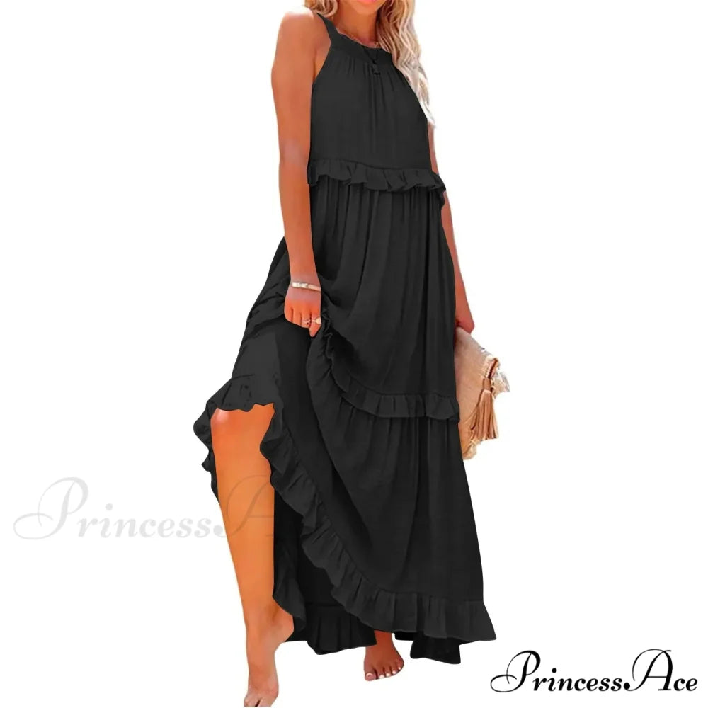 Frills Seductive Divided Halter Sleeveless Generous Hem Maxi Boho Dress black lining / S bohodress-250126