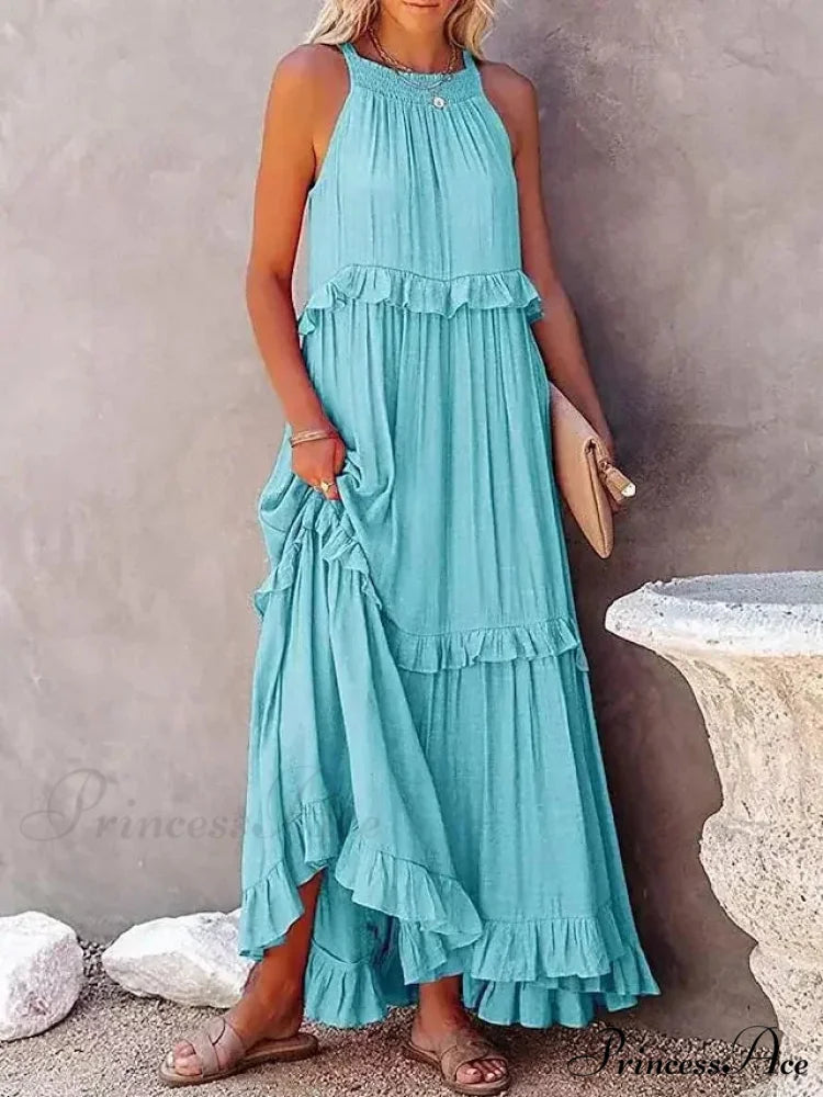 Frills Seductive Divided Halter Sleeveless Generous Hem Maxi Boho Dress blue lining / S bohodress-250126