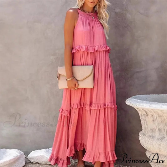Frills Seductive Divided Halter Sleeveless Generous Hem Maxi Boho Dress bohodress-250126