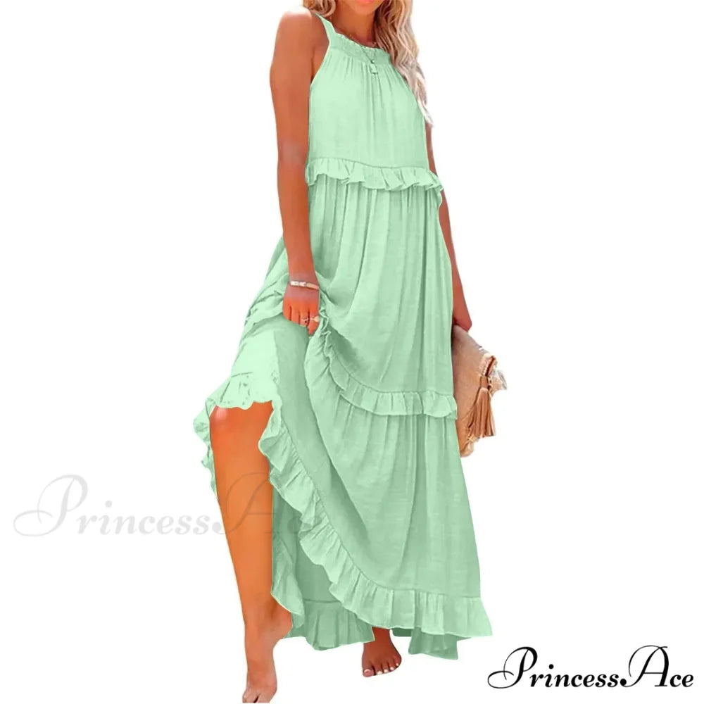 Frills Seductive Divided Halter Sleeveless Generous Hem Maxi Boho Dress green lining / S bohodress-250126