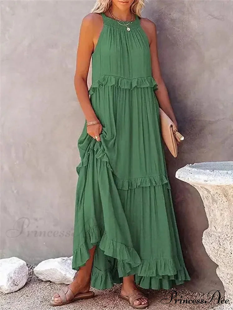 Frills Seductive Divided Halter Sleeveless Generous Hem Maxi Boho Dress Green / S bohodress-250126