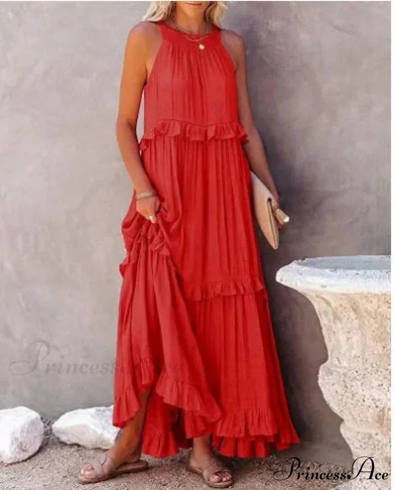 Frills Seductive Divided Halter Sleeveless Generous Hem Maxi Boho Dress Orange lining / S bohodress-250126