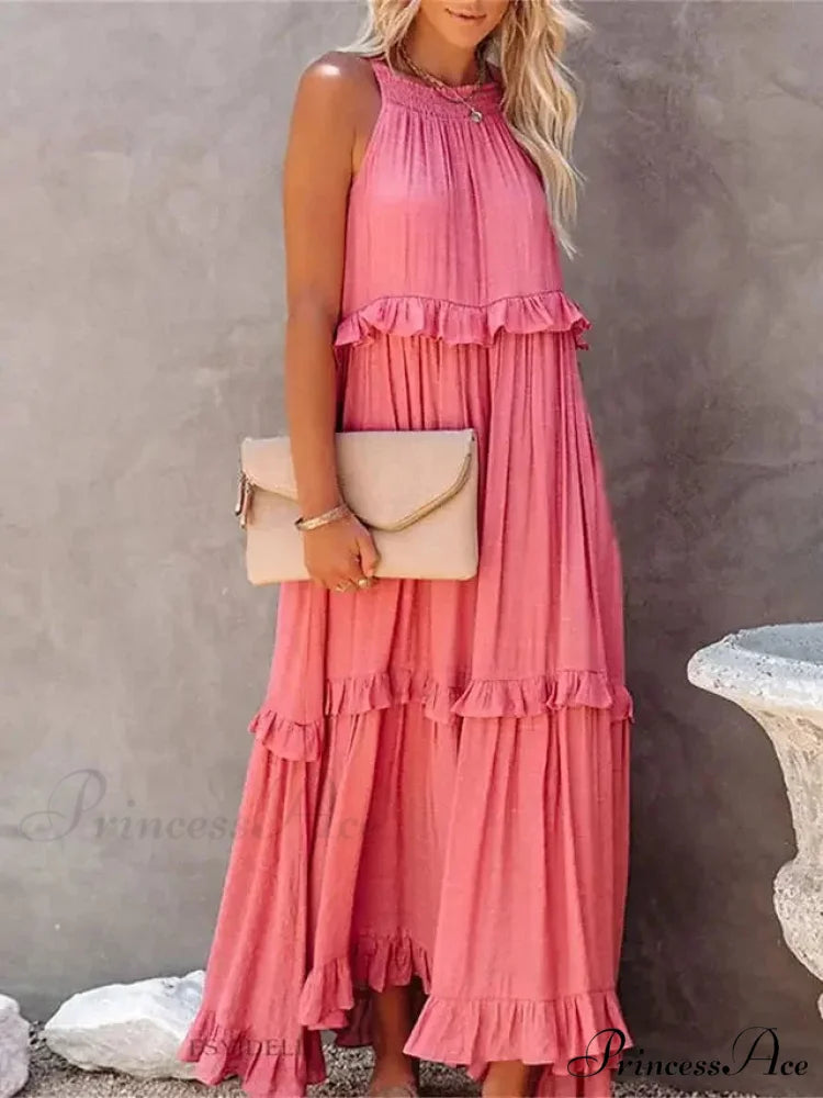 Frills Seductive Divided Halter Sleeveless Generous Hem Maxi Boho Dress Pink / S bohodress-250126