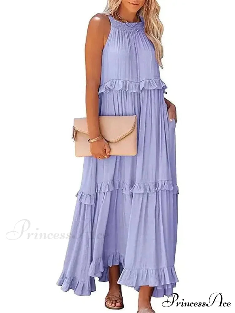 Frills Seductive Divided Halter Sleeveless Generous Hem Maxi Boho Dress Purple lining / S bohodress-250126