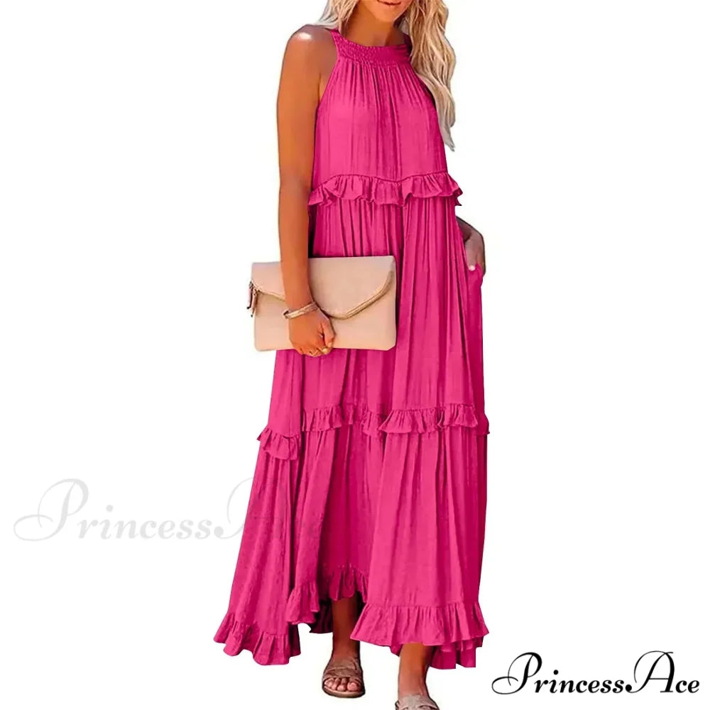 Frills Seductive Divided Halter Sleeveless Generous Hem Maxi Boho Dress Red lining / S bohodress-250126