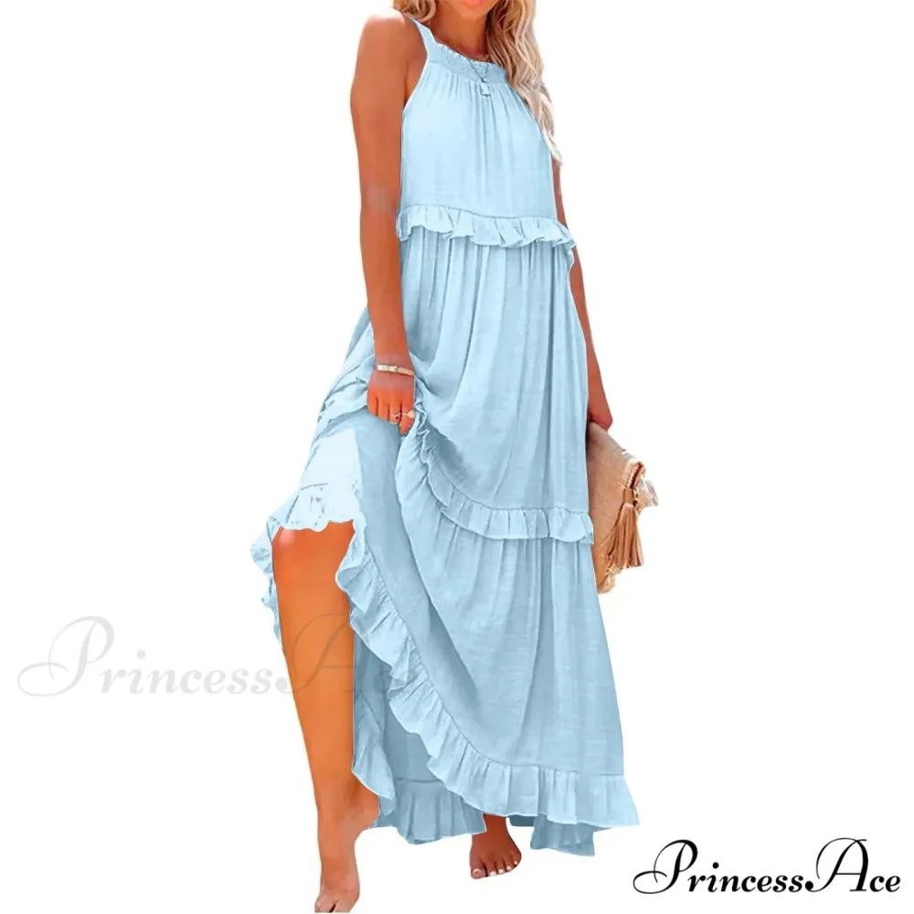 Frills Seductive Divided Halter Sleeveless Generous Hem Maxi Boho Dress Sky lining / S bohodress-250126