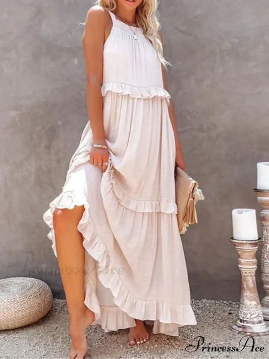 Frills Seductive Divided Halter Sleeveless Generous Hem Maxi Boho Dress White / S bohodress-250126