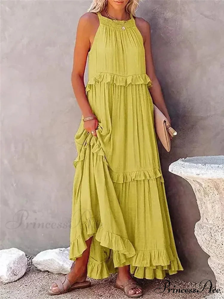 Frills Seductive Divided Halter Sleeveless Generous Hem Maxi Boho Dress Yellow / S bohodress-250126