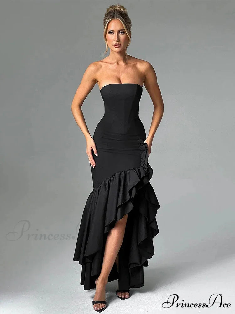 Frills Tall Divide Maxi Holiday Dress Black / S vacationdress-250223