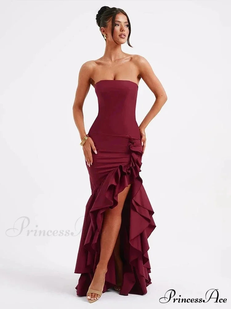 Frills Tall Divide Maxi Holiday Dress claret / S vacationdress-250223
