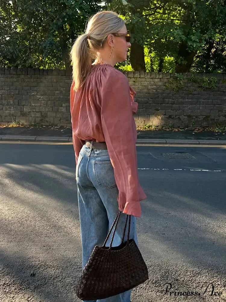 Frills Tie Up Deep Plunge Gauze Top blouse-250223