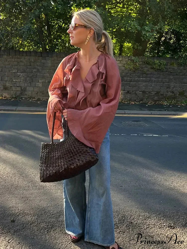 Frills Tie Up Deep Plunge Gauze Top blouse-250223