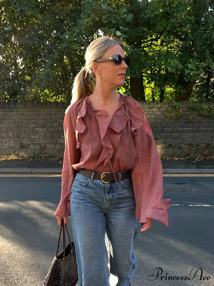 Frills Tie Up Deep Plunge Gauze Top blouse-250223