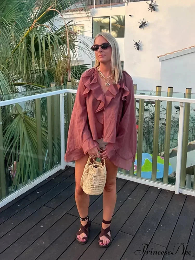 Frills Tie Up Deep Plunge Gauze Top blouse-250223