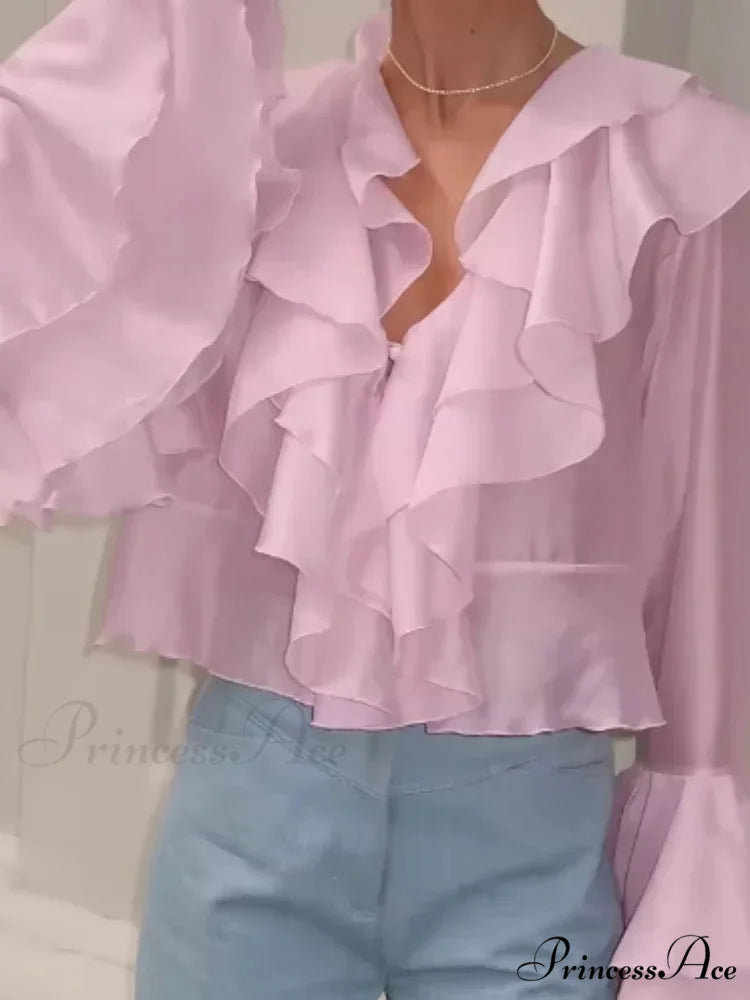 Frills V Neck Rose Chiffon Blouse blouse-250223